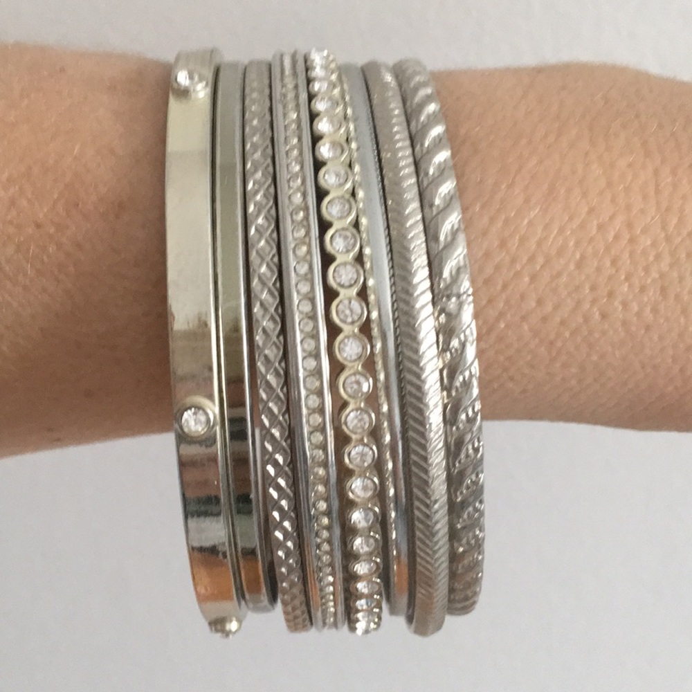 Ann Taylor Loft silver bangles. Set of 8.
